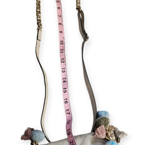 Aldo Cream Chevron Crossbody Bag with Multicolor Pom Poms - Picture 10 of 11